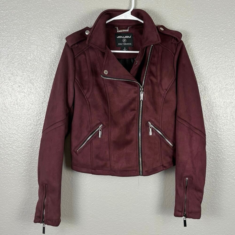 JouJou Versona Size Small Burgundy Wine Moto Style Cropped Utility Zip Up Jacket